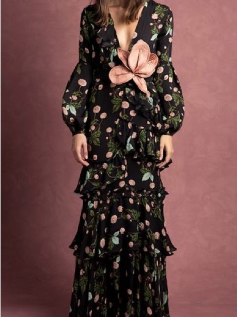 Johanna Ortiz Galeria Fundana Black Maxi Dress with Pink Floral and Green Leaves
